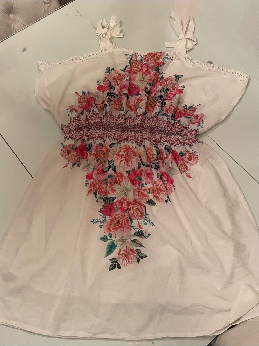 Women's Pink Floral Smocked Midi Dress